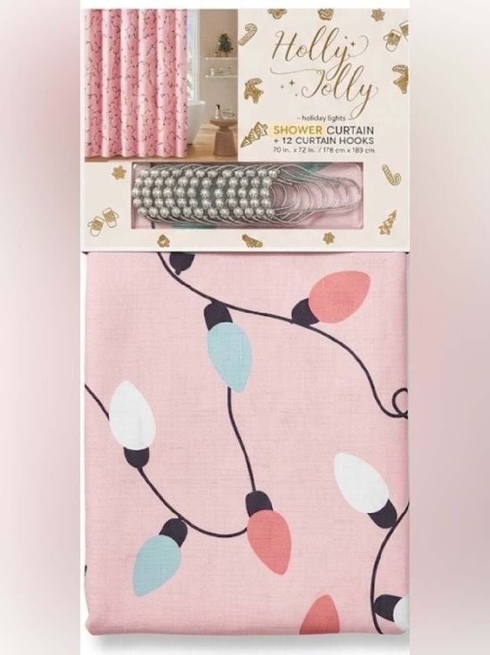 NWT Pink Holiday String Lights Shower Curtain with Hooks